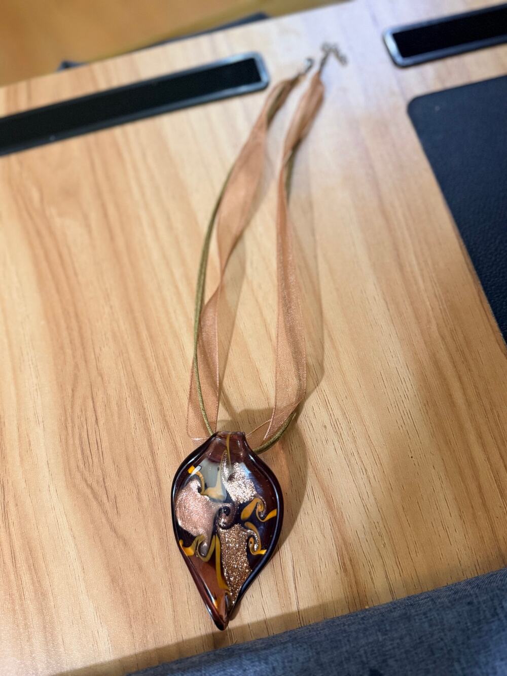 Art Glass Dichroic Pendant Brown Gold Organza Necklace